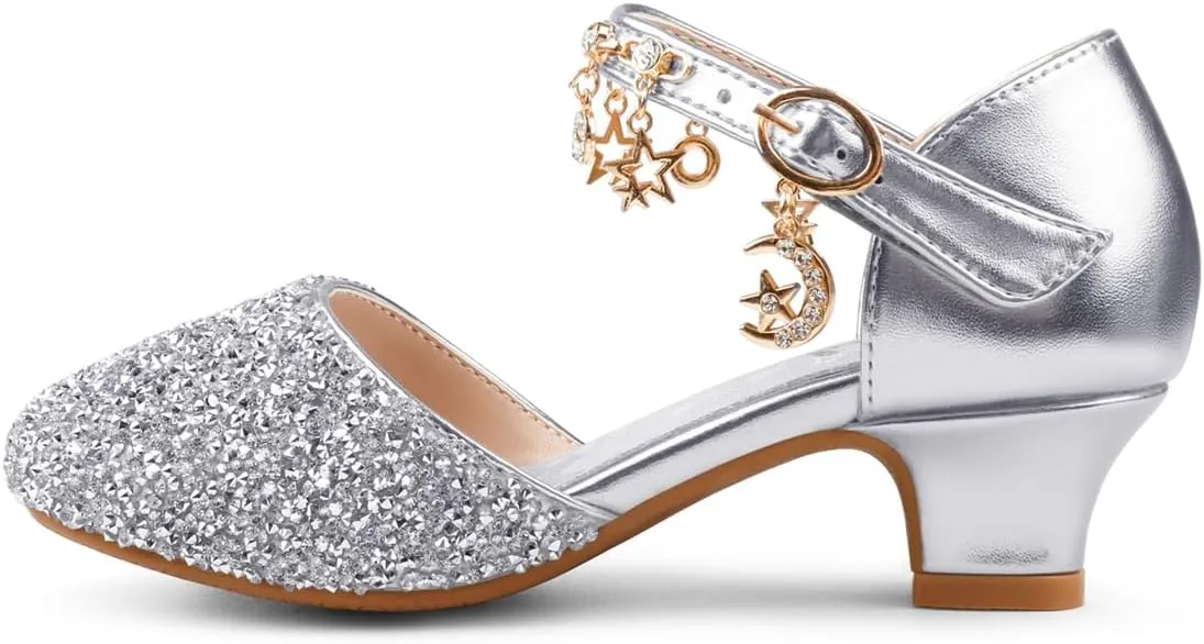Eithy Girls Sandals Glitter Dress Shoes Princess Diamond Low Heel Pendant for Kids Toddlers