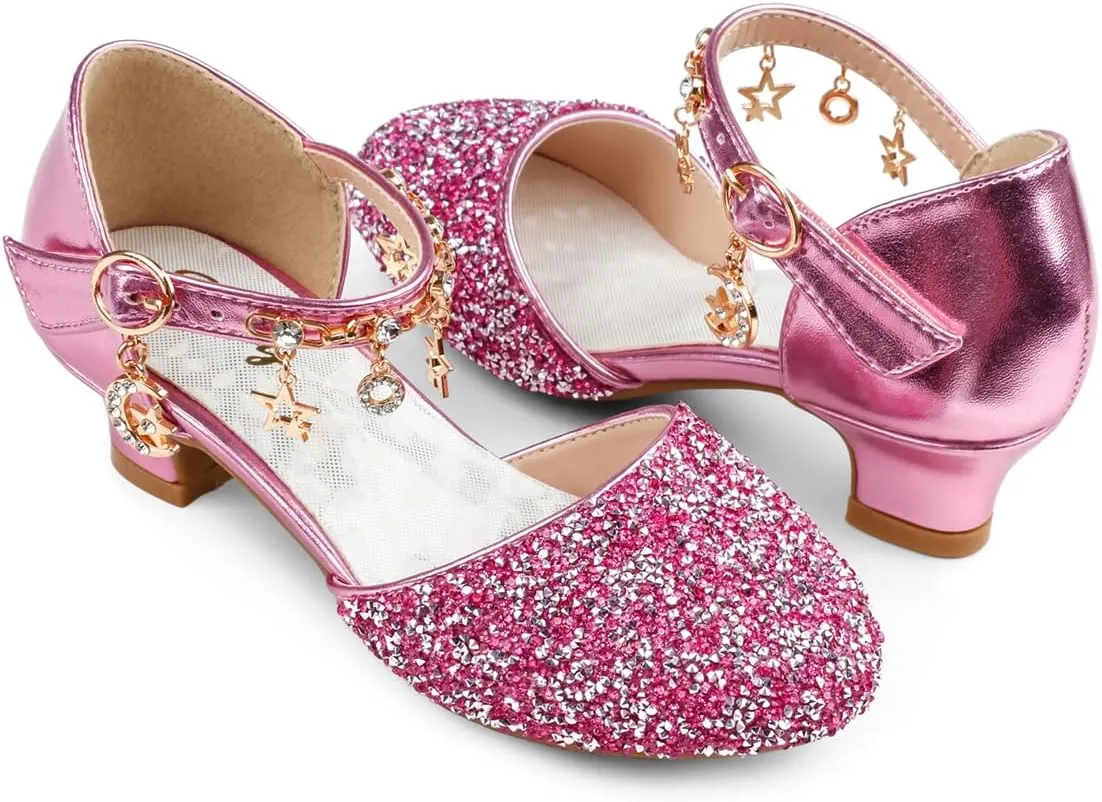 Eithy Girls Sandals Glitter Dress Shoes Princess Diamond Low Heel Pendant for Kids Toddlers