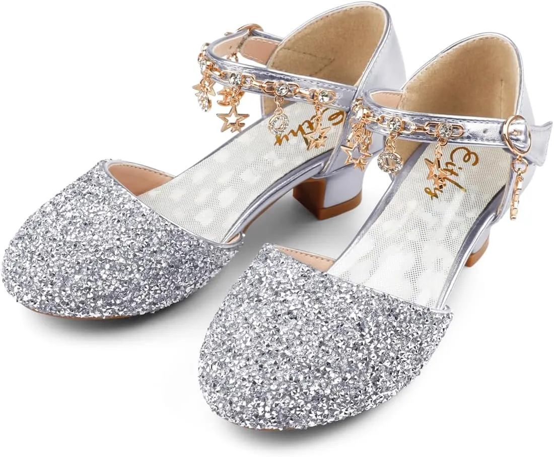 Eithy Girls Sandals Glitter Dress Shoes Princess Diamond Low Heel Pendant for Kids Toddlers