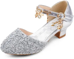 Eithy Girls Sandals Glitter Dress Shoes Princess Diamond Low Heel Pendant for Kids Toddlers