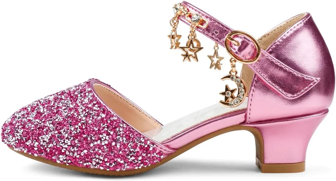 Eithy Girls Sandals Glitter Dress Shoes Princess Diamond Low Heel Pendant for Kids Toddlers