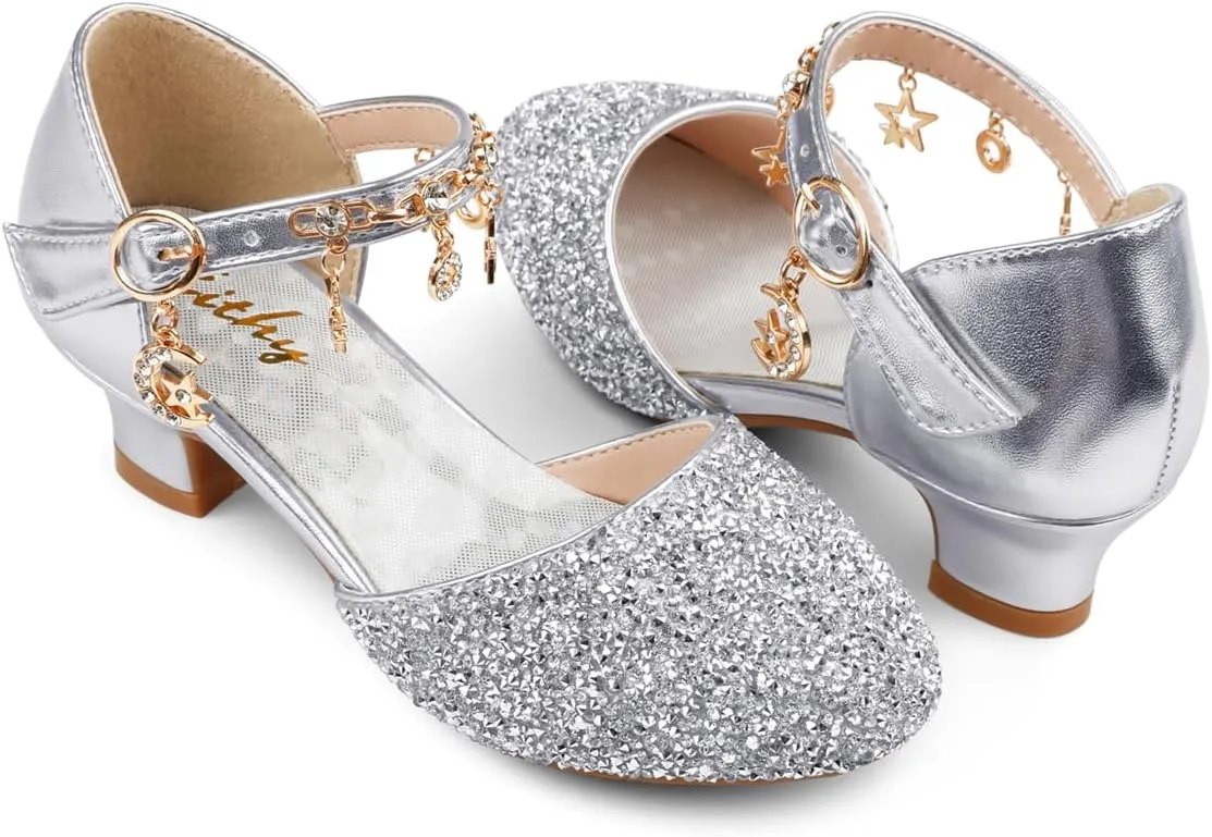 Eithy Girls Sandals Glitter Dress Shoes Princess Diamond Low Heel Pendant for Kids Toddlers