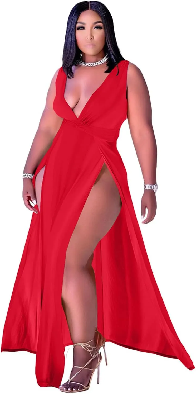 Ekaliy Women's Plus Size Sleeveless Deep V Neck Front Split Long Maxi Wrap Dress