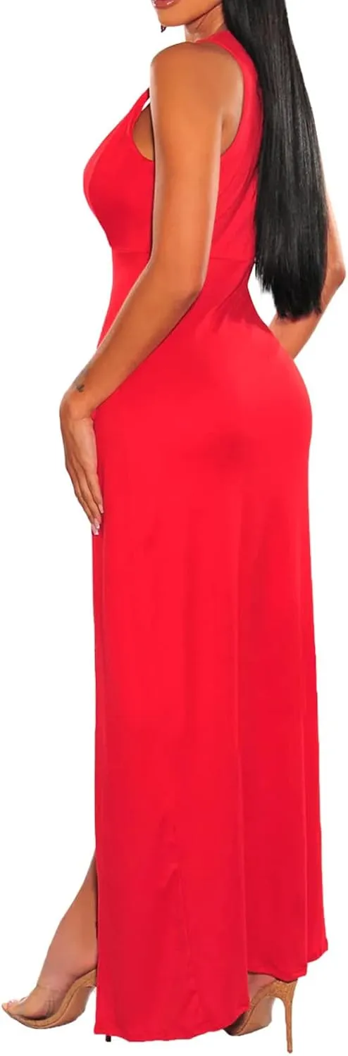 Ekaliy Women's Plus Size Sleeveless Deep V Neck Front Split Long Maxi Wrap Dress
