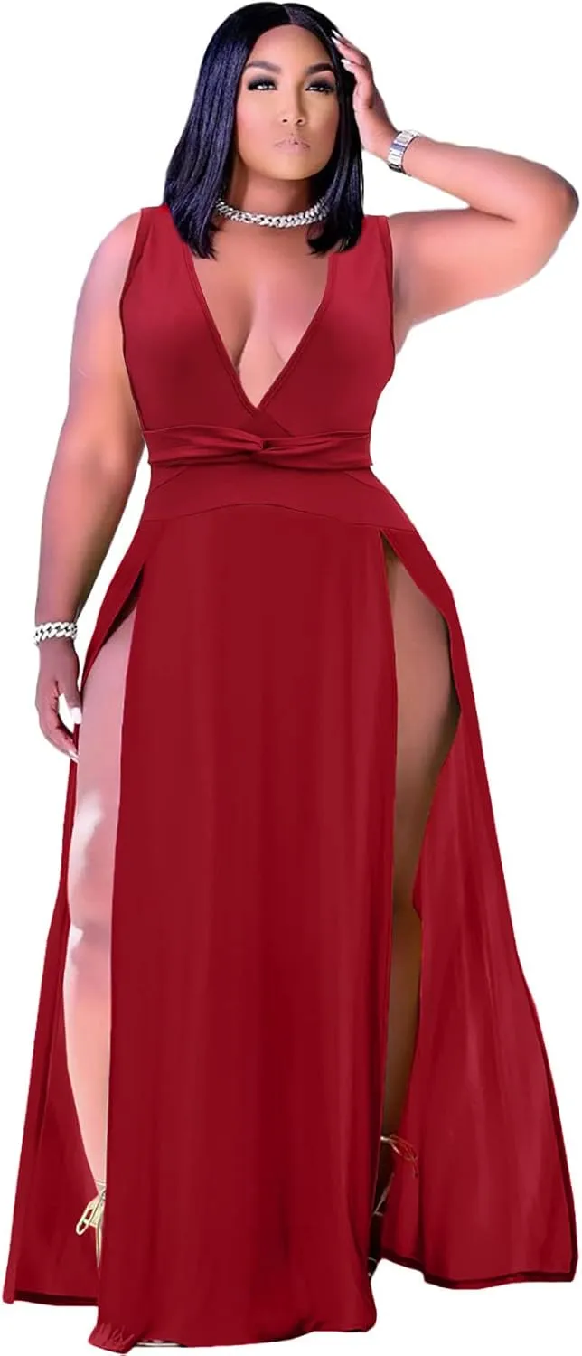 Ekaliy Women's Plus Size Sleeveless Deep V Neck Front Split Long Maxi Wrap Dress