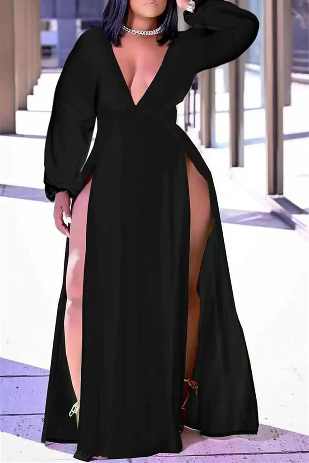 Ekaliy Women's Plus Size Sleeveless Deep V Neck Front Split Long Maxi Wrap Dress