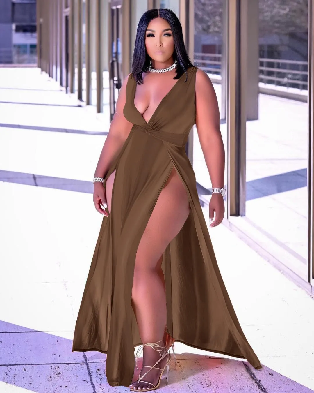 Ekaliy Women's Plus Size Sleeveless Deep V Neck Front Split Long Maxi Wrap Dress