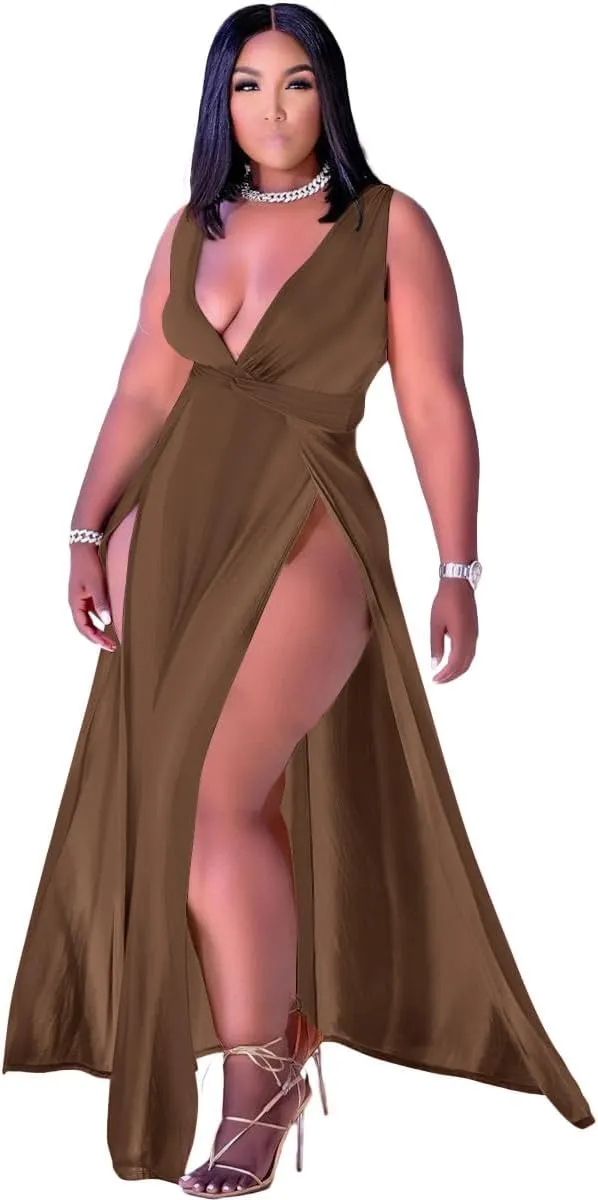 Ekaliy Women's Plus Size Sleeveless Deep V Neck Front Split Long Maxi Wrap Dress