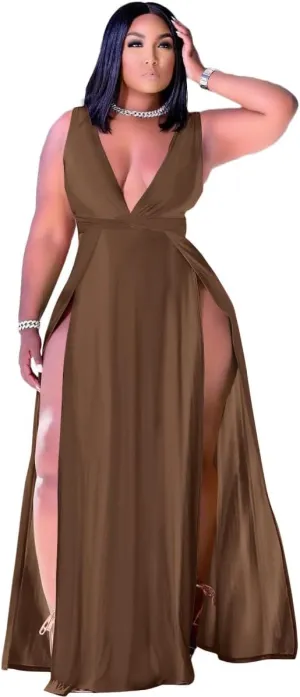 Ekaliy Women's Plus Size Sleeveless Deep V Neck Front Split Long Maxi Wrap Dress