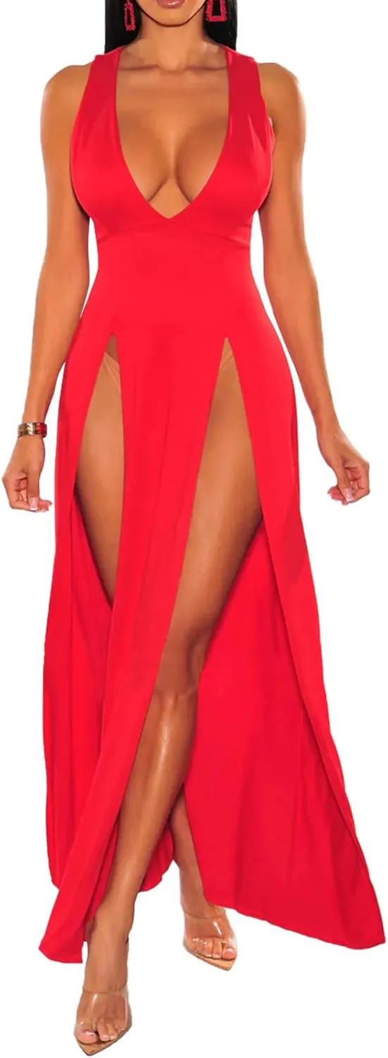 Ekaliy Women's Plus Size Sleeveless Deep V Neck Front Split Long Maxi Wrap Dress
