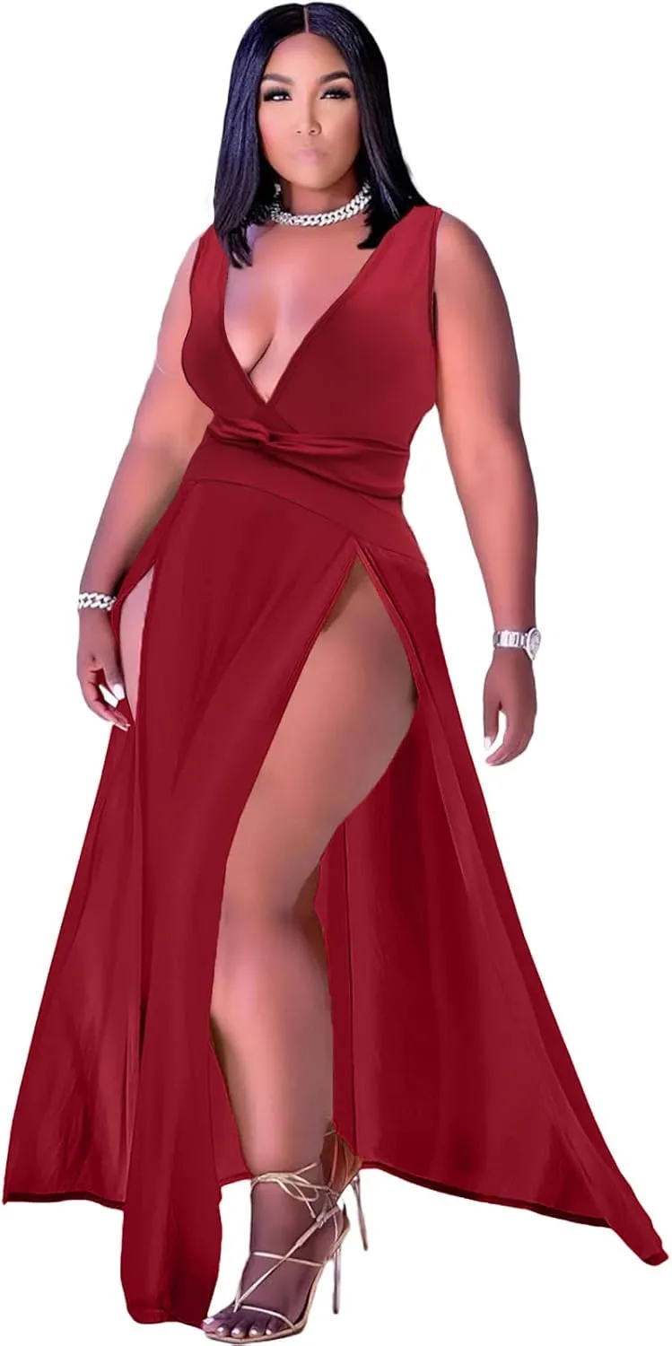 Ekaliy Women's Plus Size Sleeveless Deep V Neck Front Split Long Maxi Wrap Dress