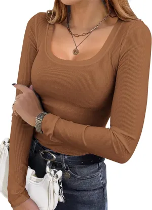 Ekouaer Womens Long Sleeve Shirts Square Neck Slim Fit Basic Tops Ribbed Thermal Undershirts Layering Tee