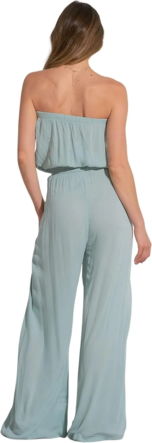 ELAN Women's Strapless Wrap Tie-Waist Wide Leg Jumpsuit