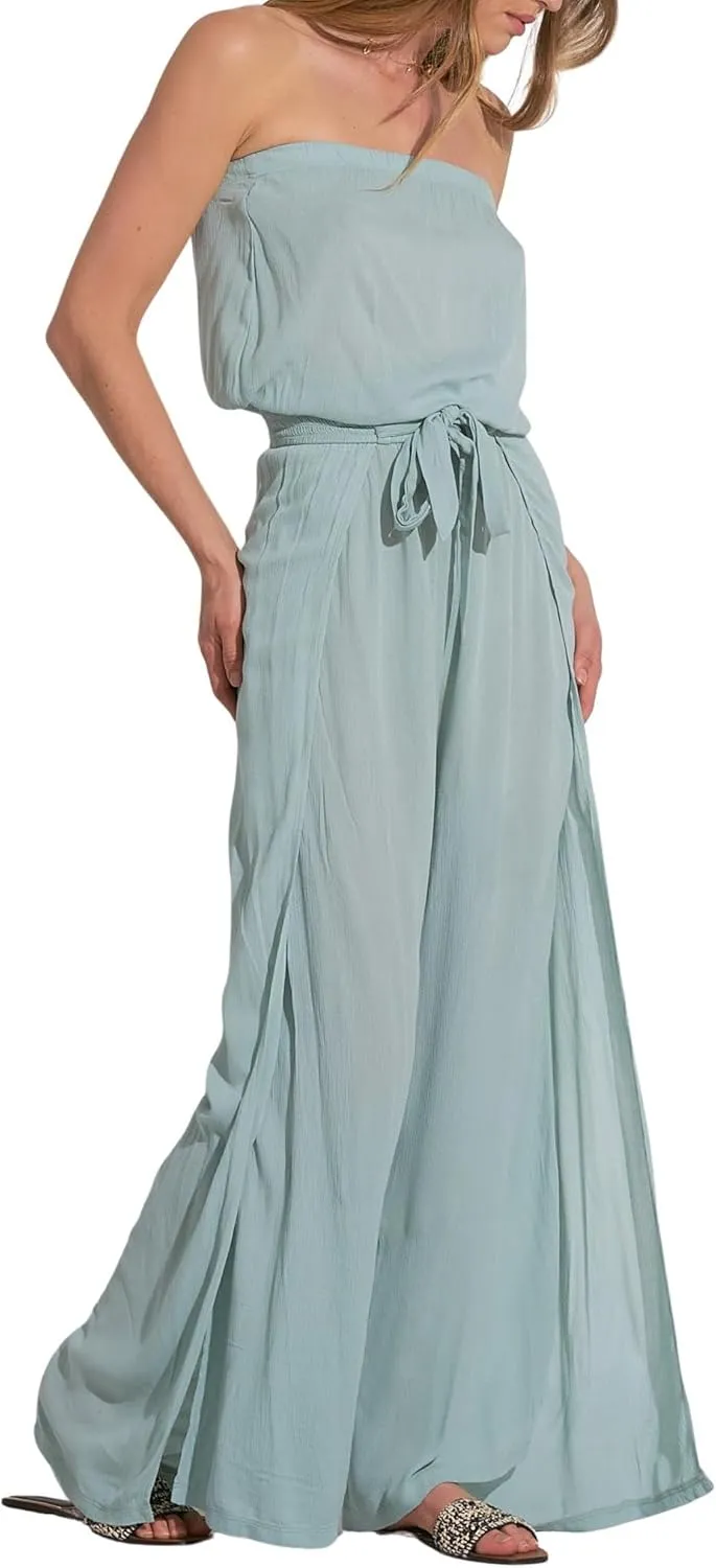 ELAN Women's Strapless Wrap Tie-Waist Wide Leg Jumpsuit