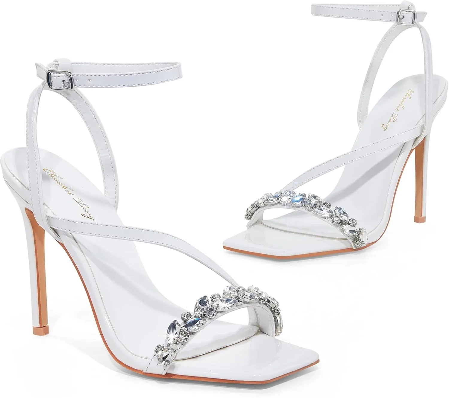 Elisabet Tang Women’s Crystal Stilettos Heeled Sandals, 4 Inch Square Open Toe Strappy Sexy High Heels Ankle Strap Buckle Heels for Party Wedding Dress Daily Wear Shoes