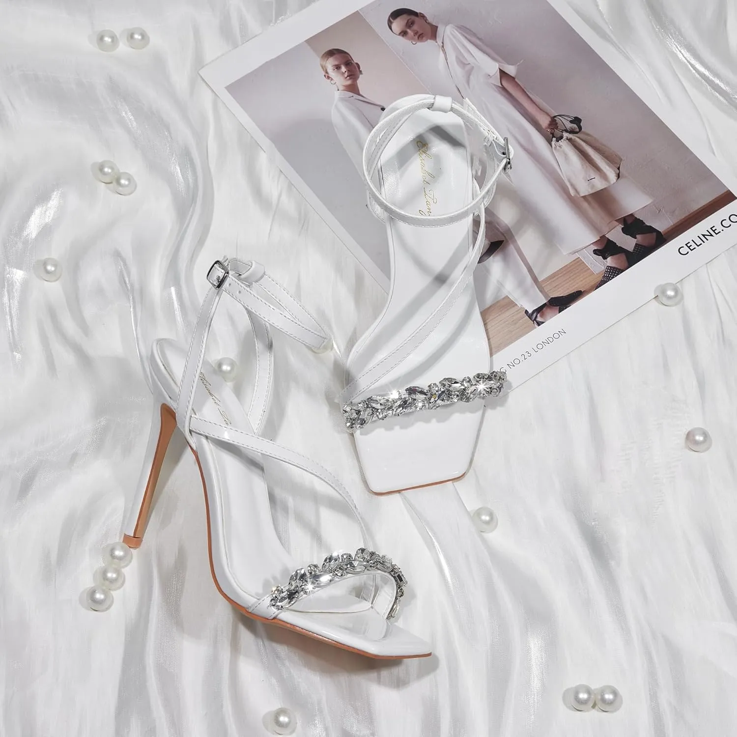 Elisabet Tang Women’s Crystal Stilettos Heeled Sandals, 4 Inch Square Open Toe Strappy Sexy High Heels Ankle Strap Buckle Heels for Party Wedding Dress Daily Wear Shoes