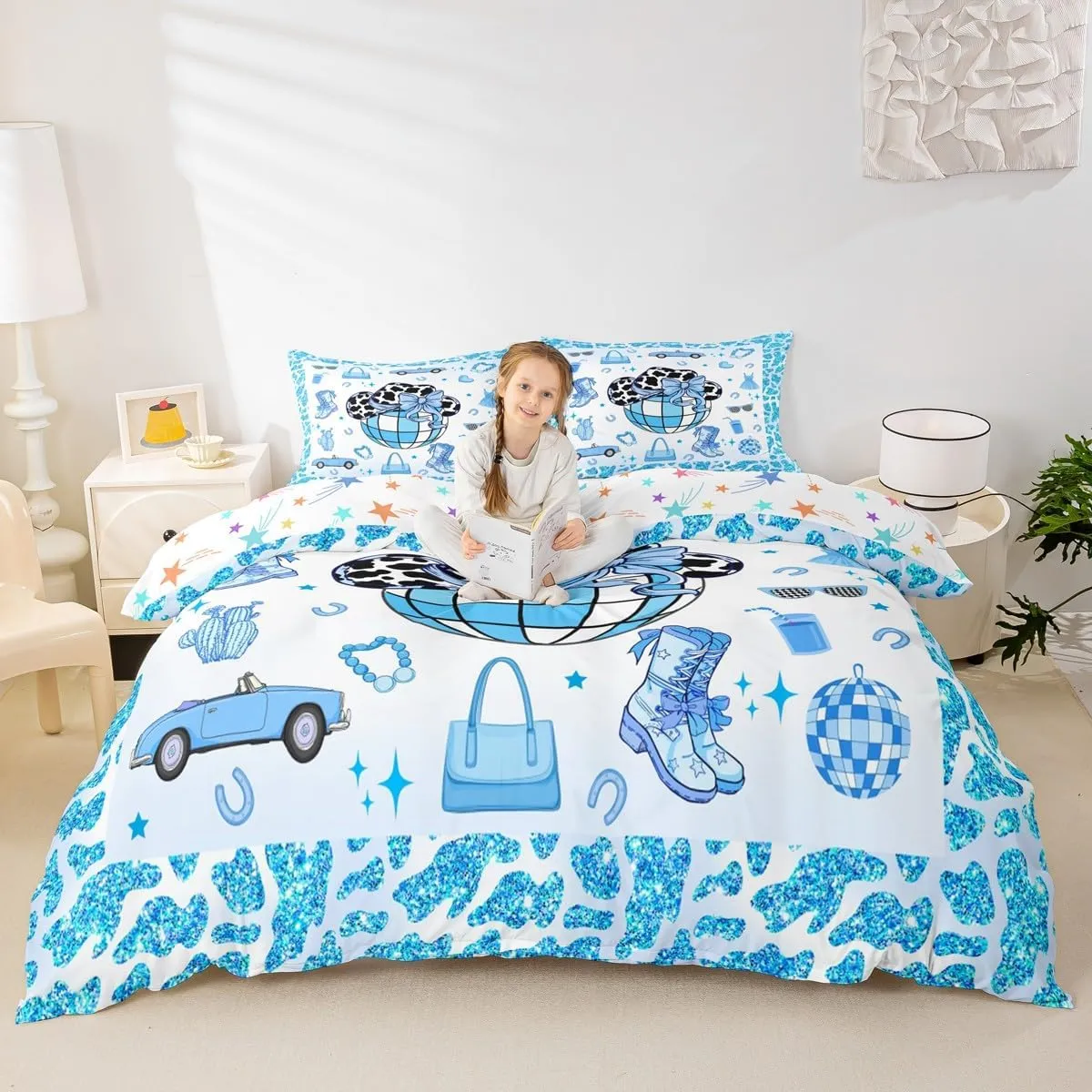 Erosebridal Cowboy Bedding Set,Cowgirl Boots Hats Duvet Cover Full for Kids Boys Girls,Southwestern Bed Set,Blue Hippie Cow Pattern Comforter Cover with 2 Pillowcases Bedroom Decor