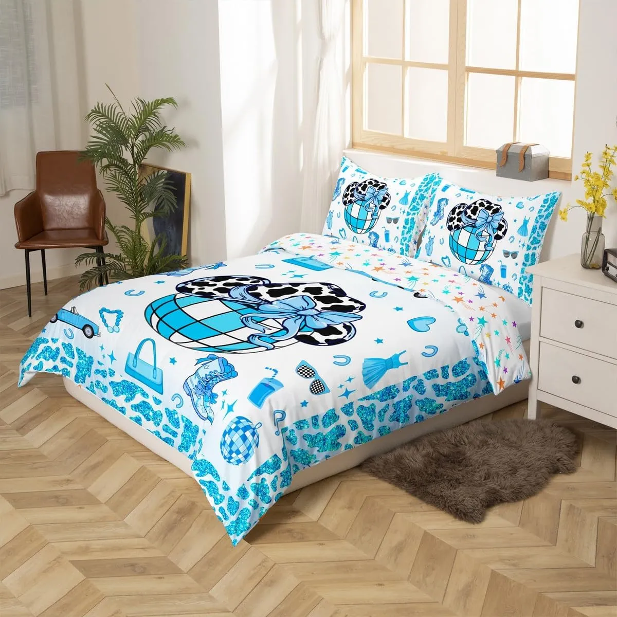 Erosebridal Cowboy Bedding Set,Cowgirl Boots Hats Duvet Cover Full for Kids Boys Girls,Southwestern Bed Set,Blue Hippie Cow Pattern Comforter Cover with 2 Pillowcases Bedroom Decor