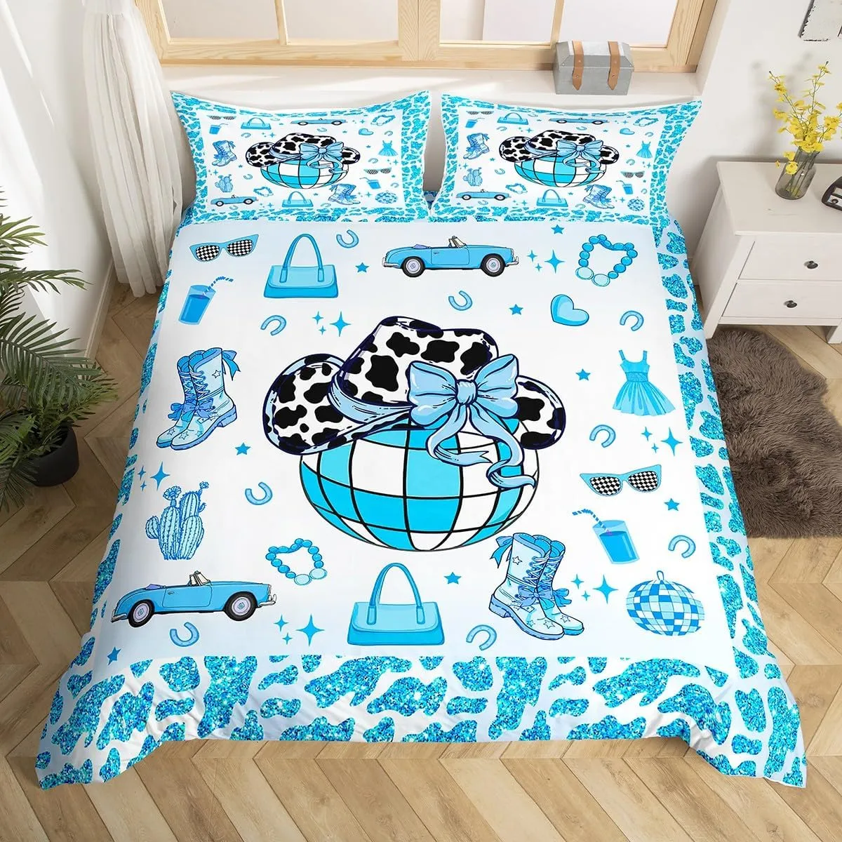 Erosebridal Cowboy Bedding Set,Cowgirl Boots Hats Duvet Cover Full for Kids Boys Girls,Southwestern Bed Set,Blue Hippie Cow Pattern Comforter Cover with 2 Pillowcases Bedroom Decor