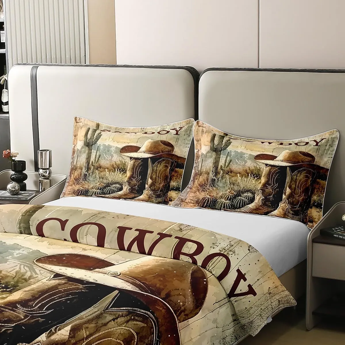 Erosebridal Cowboy Boots 100% Cotton Duvet Cover King Size for Kids Boys Western Bedding Set American Country Desert Cactus Wild West Retro Rustic Botanical Cabin Comforter Cover Soft Breathable