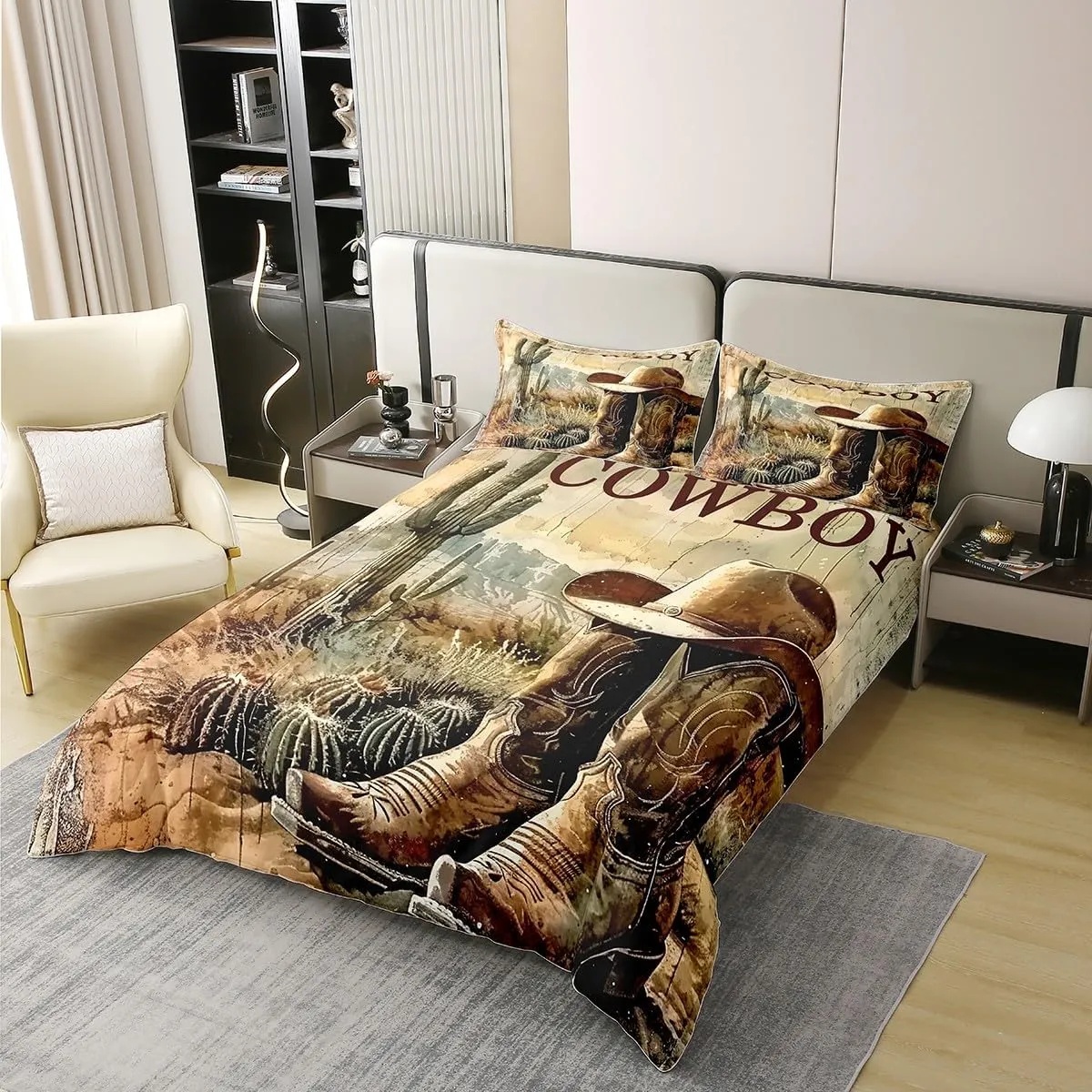 Erosebridal Cowboy Boots 100% Cotton Duvet Cover King Size for Kids Boys Western Bedding Set American Country Desert Cactus Wild West Retro Rustic Botanical Cabin Comforter Cover Soft Breathable