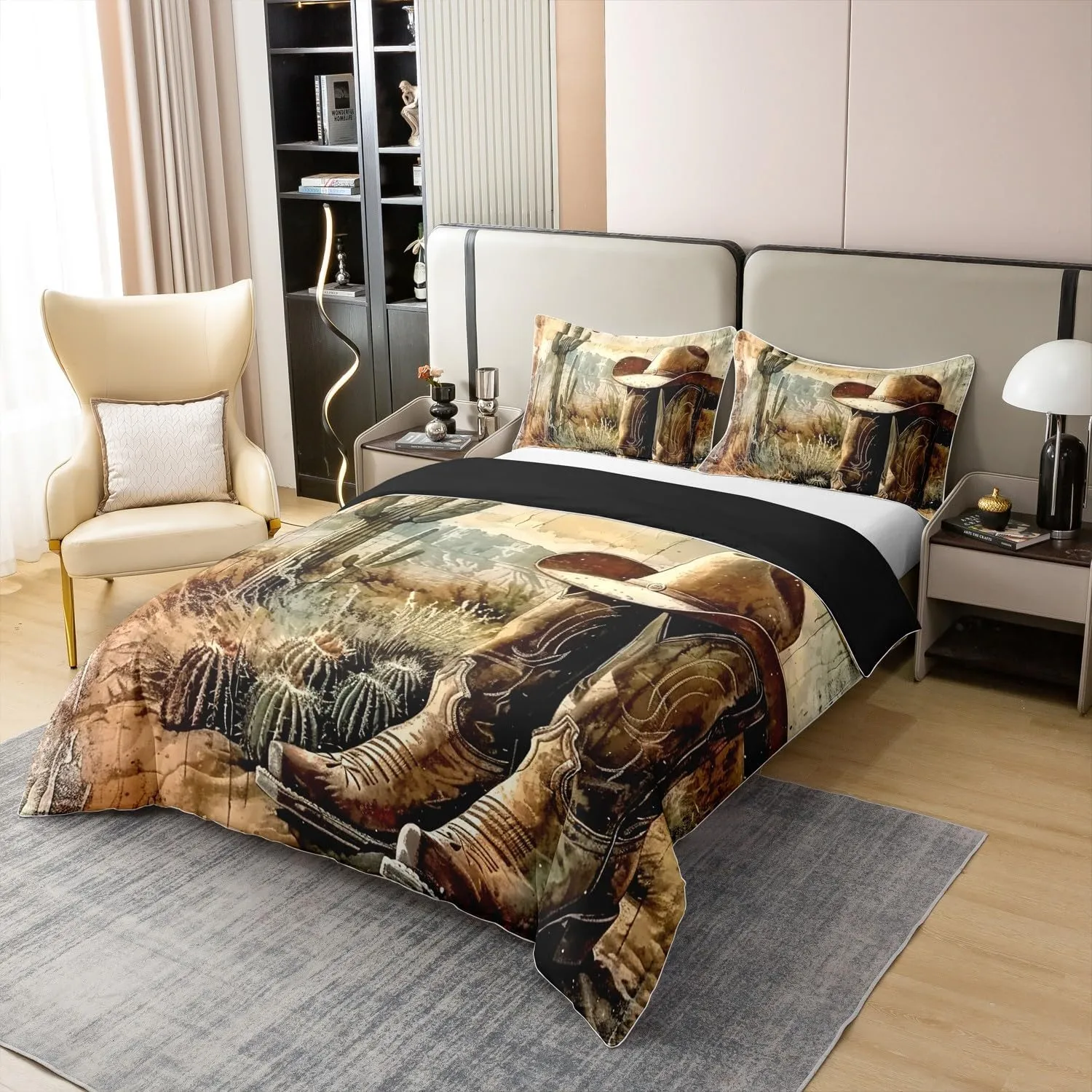 Erosebridal Cowboy Boots 100% Cotton Duvet Cover King Size for Kids Boys Western Bedding Set American Country Desert Cactus Wild West Retro Rustic Botanical Cabin Comforter Cover Soft Breathable