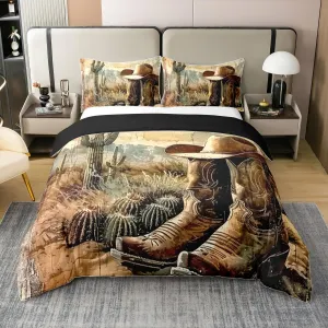 Erosebridal Cowboy Boots 100% Cotton Duvet Cover King Size for Kids Boys Western Bedding Set American Country Desert Cactus Wild West Retro Rustic Botanical Cabin Comforter Cover Soft Breathable