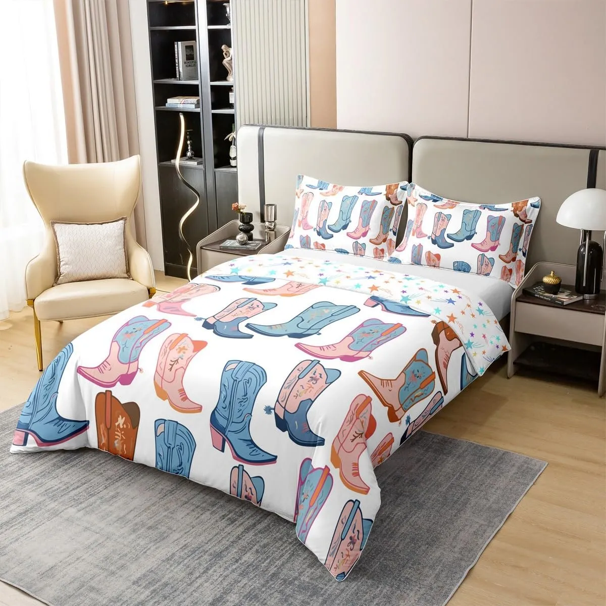Erosebridal Cowboy Boots Comforter Cover 3Pcs,2 Pillowcases,King Size Cartoon Blue Western Cowgirl Bedding Set Wild West Shoes Duvet Cover for Boys Girls Kids 100% Cotton Soft Breathable Bedclothes