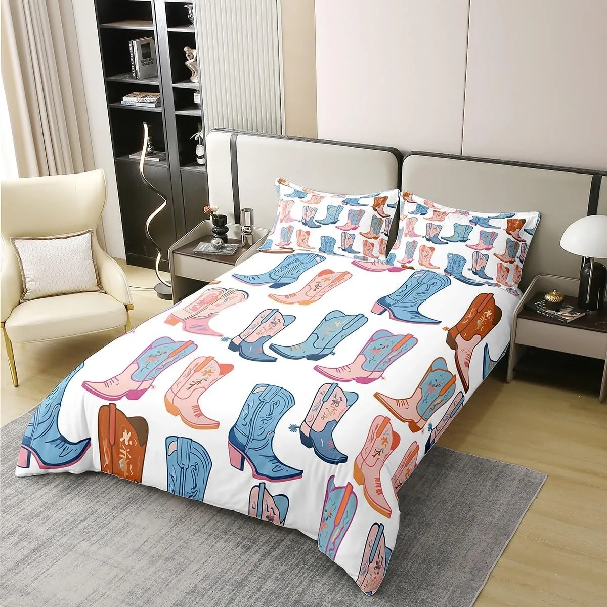 Erosebridal Cowboy Boots Comforter Cover 3Pcs,2 Pillowcases,King Size Cartoon Blue Western Cowgirl Bedding Set Wild West Shoes Duvet Cover for Boys Girls Kids 100% Cotton Soft Breathable Bedclothes
