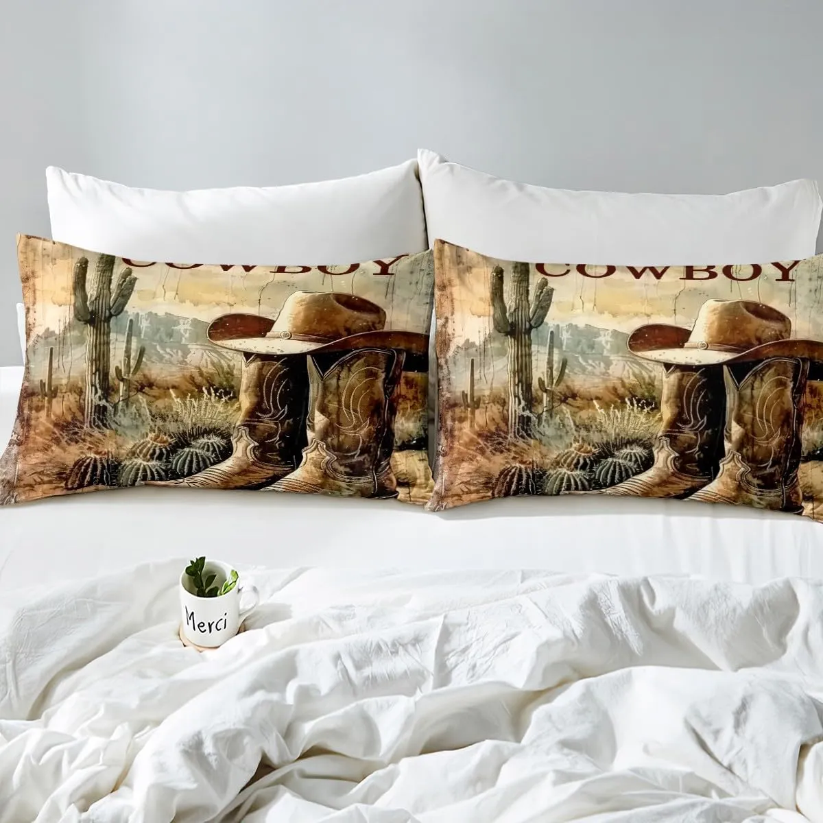 Erosebridal Cowboy Boots Duvet Cover Toddler Size for Kids Boys Western Bedding Set American Country Desert Cactus Wild West Retro Rustic Botanical Cabin Comforter Cover Soft Breathable