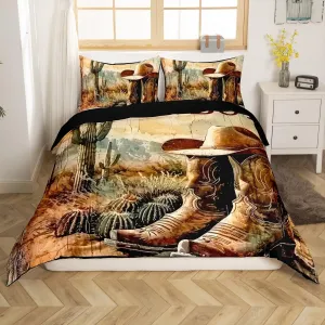 Erosebridal Cowboy Boots Duvet Cover Toddler Size for Kids Boys Western Bedding Set American Country Desert Cactus Wild West Retro Rustic Botanical Cabin Comforter Cover Soft Breathable
