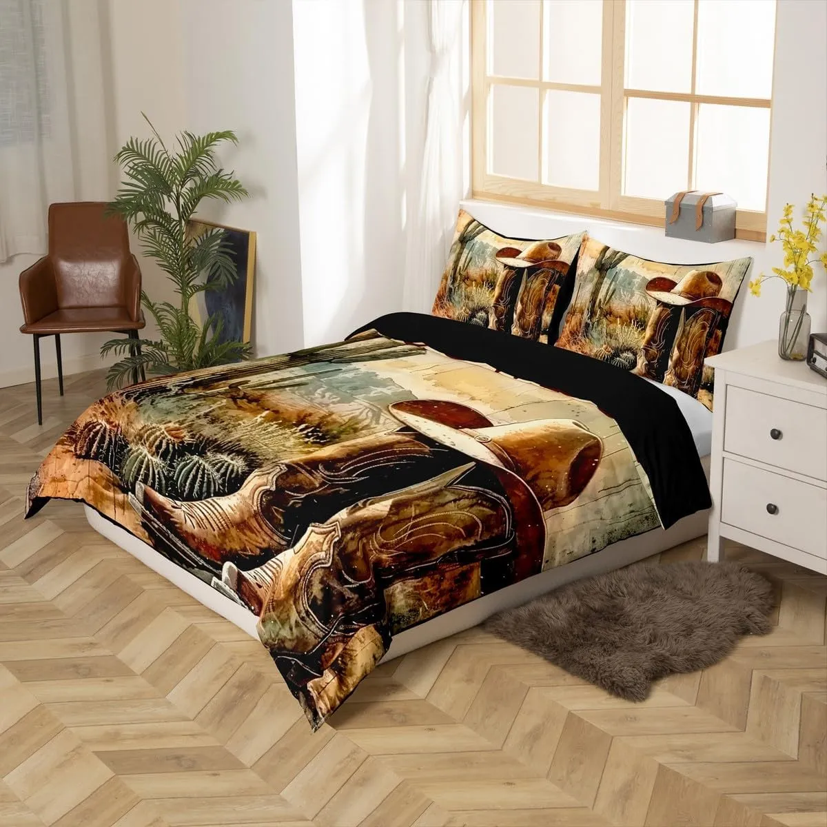 Erosebridal Cowboy Boots Duvet Cover Toddler Size for Kids Boys Western Bedding Set American Country Desert Cactus Wild West Retro Rustic Botanical Cabin Comforter Cover Soft Breathable