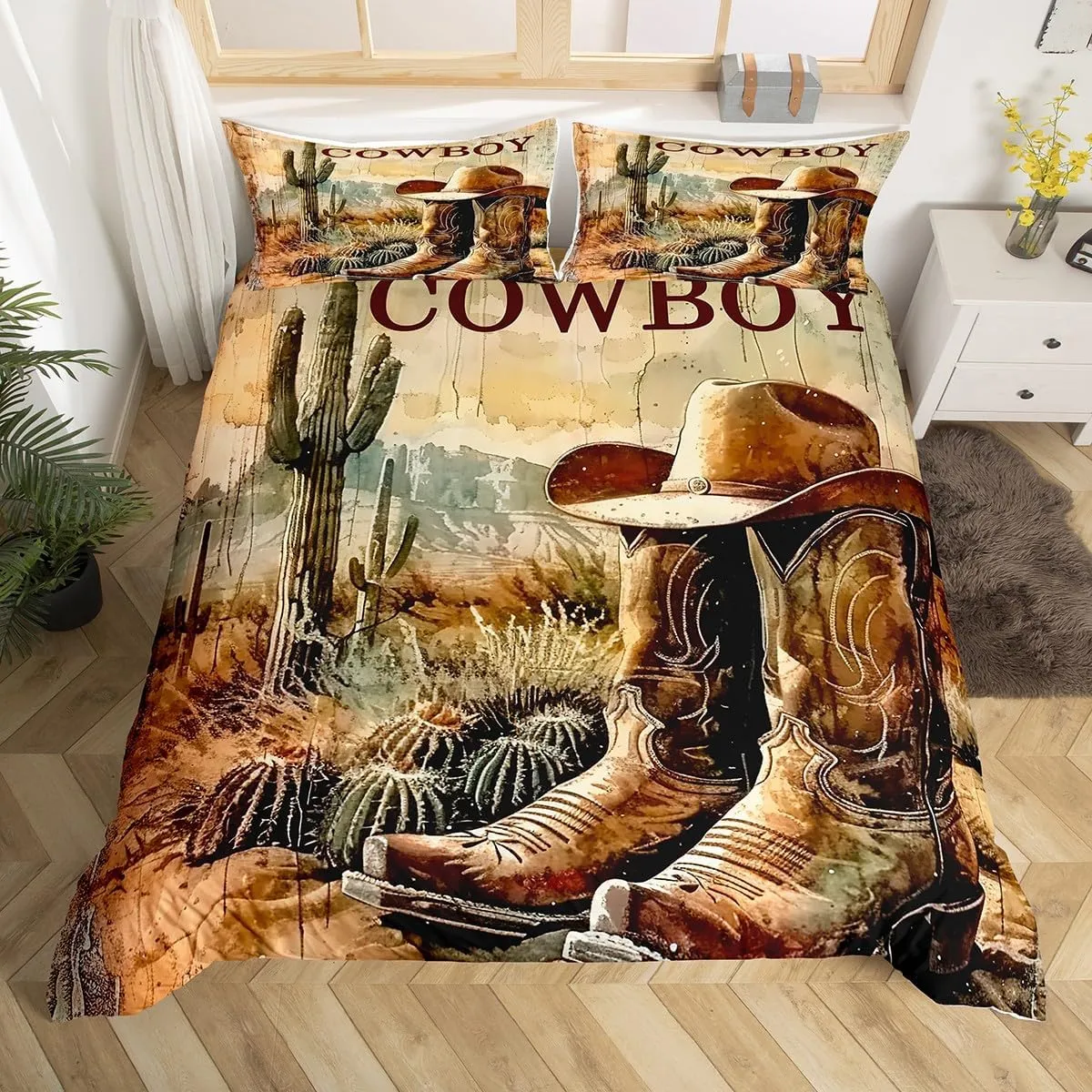 Erosebridal Cowboy Boots Duvet Cover Toddler Size for Kids Boys Western Bedding Set American Country Desert Cactus Wild West Retro Rustic Botanical Cabin Comforter Cover Soft Breathable