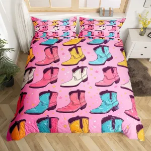 Erosebridal Cowboy Boots for Woman Bedding Set Colorful Cowgirl Boots Comforter Cover Queen Size,Stars Glitter Decorations Duvet Cover Western Themed Bed Set,Soft for Kids Boys Girls Bedroom Decor