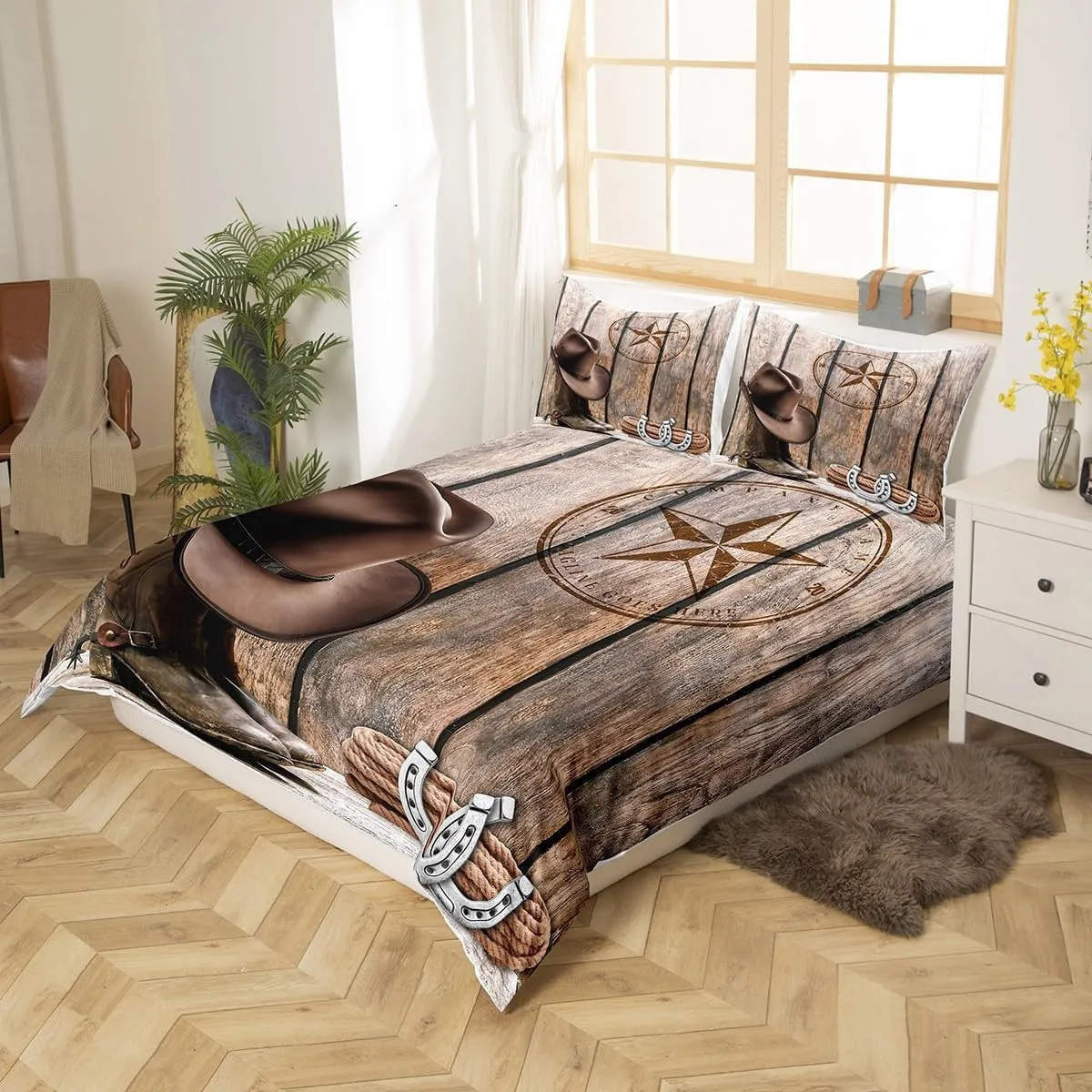 Erosebridal Cowboy Duvet Cover Set King Western Texas Star Horseshoe Bedding Set for Adults Men Boys Rustic Farmhouse Comforter Cover Cowboy Boots Hat Bed Set Brown Wild West Style Room Decor 3 Pcs