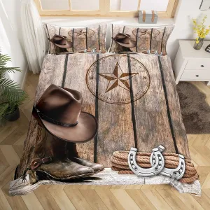 Erosebridal Cowboy Duvet Cover Set King Western Texas Star Horseshoe Bedding Set for Adults Men Boys Rustic Farmhouse Comforter Cover Cowboy Boots Hat Bed Set Brown Wild West Style Room Decor 3 Pcs