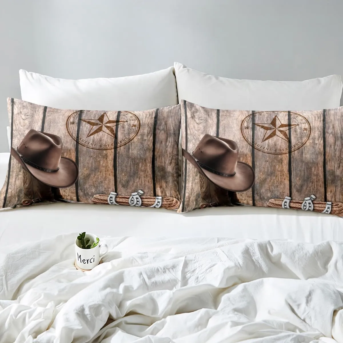 Erosebridal Cowboy Duvet Cover Set King Western Texas Star Horseshoe Bedding Set for Adults Men Boys Rustic Farmhouse Comforter Cover Cowboy Boots Hat Bed Set Brown Wild West Style Room Decor 3 Pcs