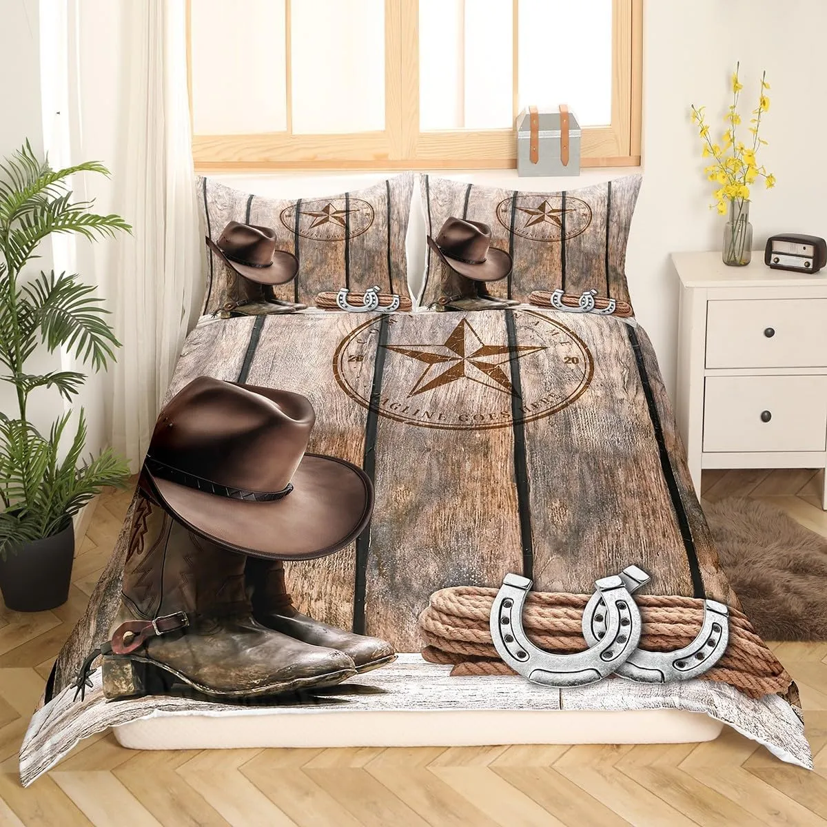 Erosebridal Cowboy Duvet Cover Set King Western Texas Star Horseshoe Bedding Set for Adults Men Boys Rustic Farmhouse Comforter Cover Cowboy Boots Hat Bed Set Brown Wild West Style Room Decor 3 Pcs