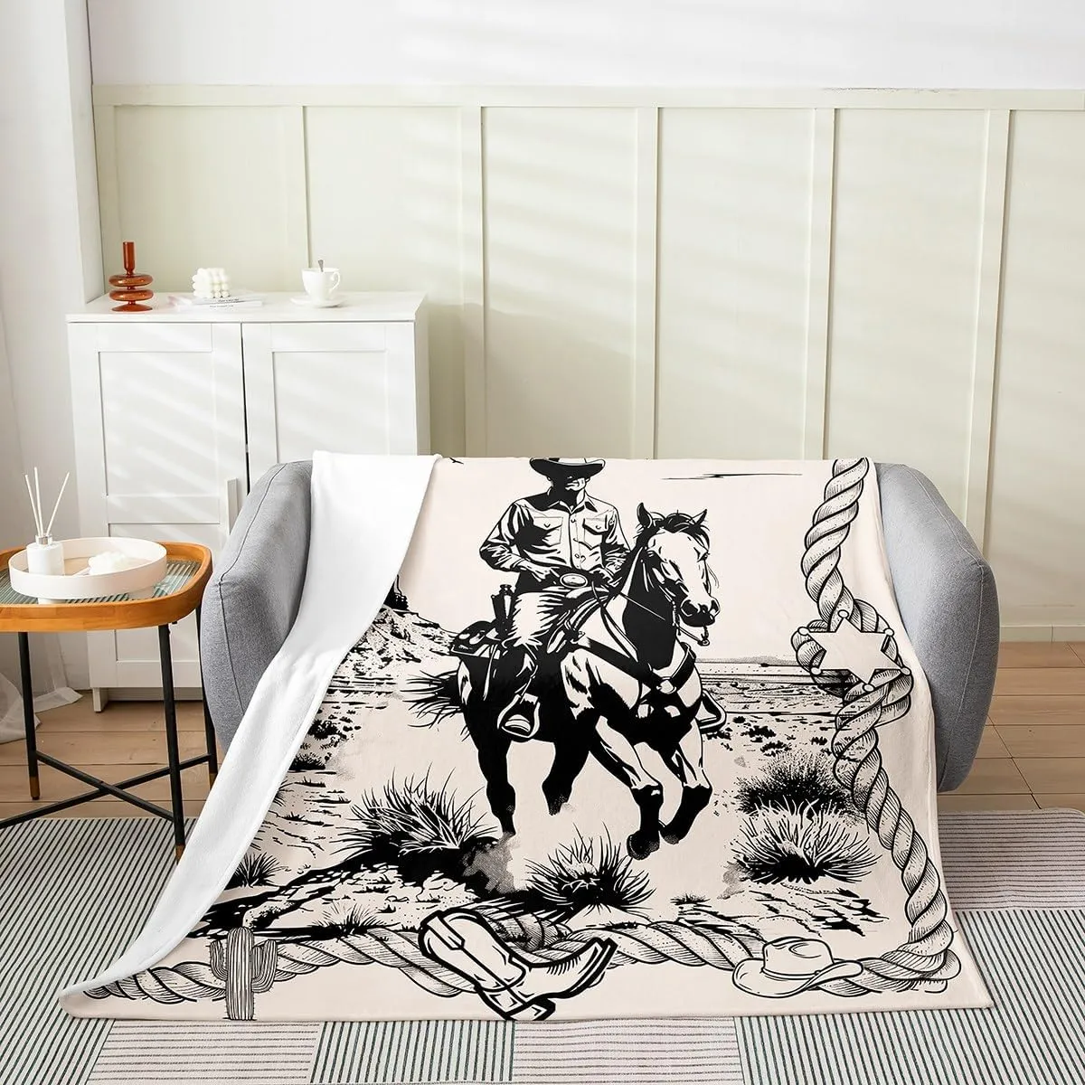 Erosebridal Cowboy Flannel Blanket Throw 50"x60" Western Fleece Blanket for Kids Boys Rodeo Hand Drawn Desert Horseshoes Boots Rope Black Beige Cactus Mountain Plains Fuzzy Plush Throw