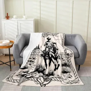 Erosebridal Cowboy Flannel Blanket Throw 50"x60" Western Fleece Blanket for Kids Boys Rodeo Hand Drawn Desert Horseshoes Boots Rope Black Beige Cactus Mountain Plains Fuzzy Plush Throw