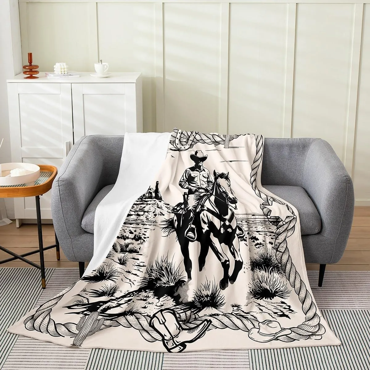 Erosebridal Cowboy Flannel Blanket Throw 50"x60" Western Fleece Blanket for Kids Boys Rodeo Hand Drawn Desert Horseshoes Boots Rope Black Beige Cactus Mountain Plains Fuzzy Plush Throw
