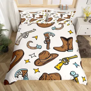 Erosebridal Cowboys Gifts for Women,Cowboy Hat Men Duvet Cover Cowboy Boots for Boys Bedding Set U-Shaped Horseshoe Comforter Cover Farmhouse Hunting Full Size Bed Set,Western Decor for Home