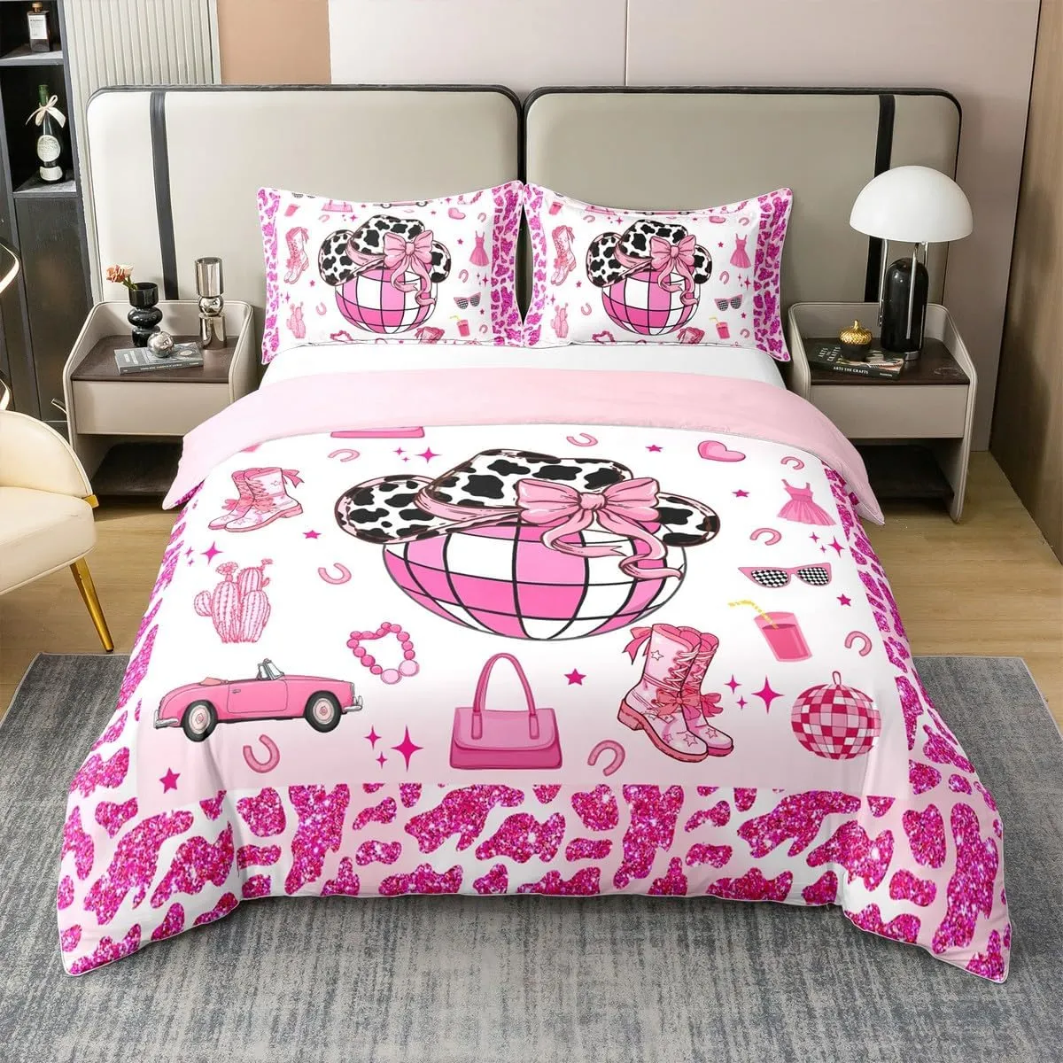 Erosebridal Cowgirl 100% Cotton Duvet Cover King for Kids Teens Adults,Cowgirl Boots Hats Bedding Set,Western Farmhouse Bed Set,Neon Cow Pattern Comforter Cover with 2 Pillowcases Bedroom Decor