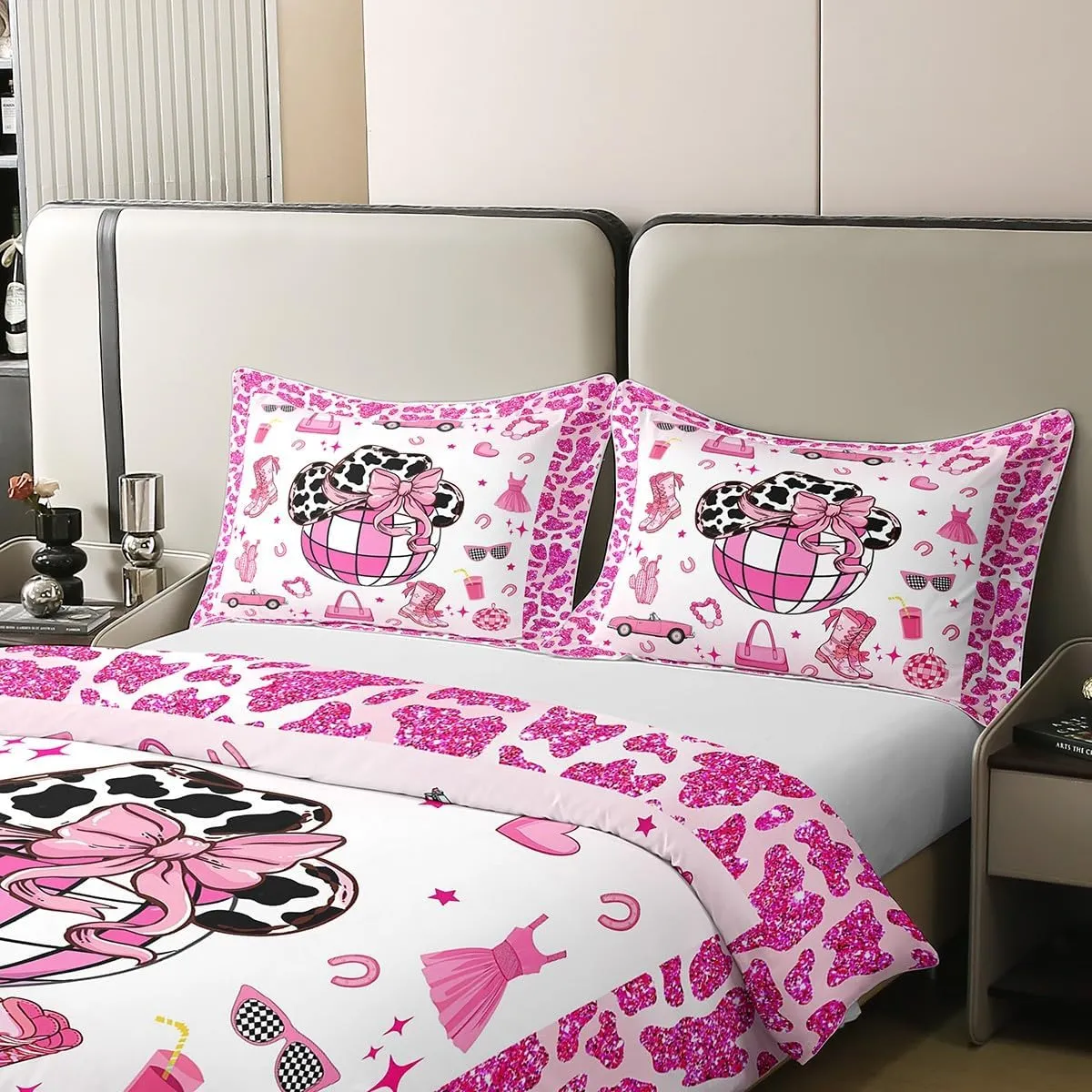 Erosebridal Cowgirl 100% Cotton Duvet Cover King for Kids Teens Adults,Cowgirl Boots Hats Bedding Set,Western Farmhouse Bed Set,Neon Cow Pattern Comforter Cover with 2 Pillowcases Bedroom Decor