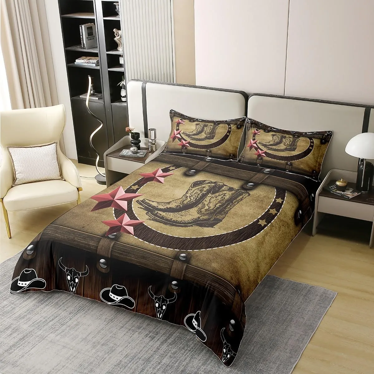 Erosebridal Cowgirl Boots Duvet Cover Queen 100% Cotton,Western Cowboy Hat Comforter Cover for Boys Kids Teens Rustic Farmhouse,Country Woodland Stars Room Decor,Brown,Soft Breathable