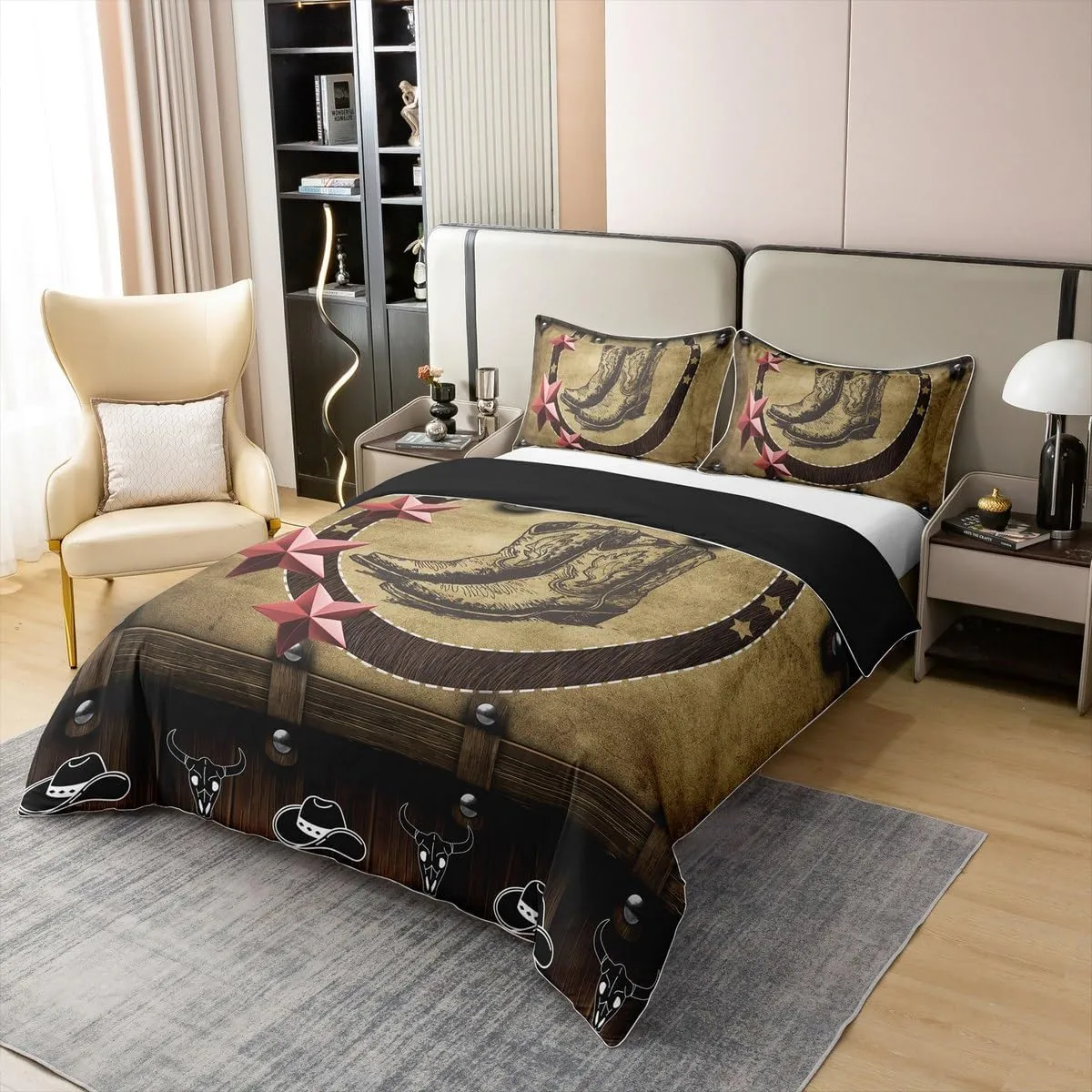 Erosebridal Cowgirl Boots Duvet Cover Queen 100% Cotton,Western Cowboy Hat Comforter Cover for Boys Kids Teens Rustic Farmhouse,Country Woodland Stars Room Decor,Brown,Soft Breathable