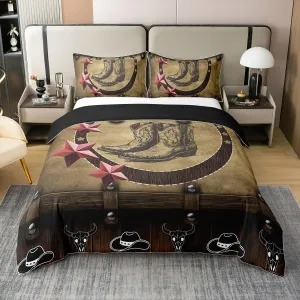 Erosebridal Cowgirl Boots Duvet Cover Queen 100% Cotton,Western Cowboy Hat Comforter Cover for Boys Kids Teens Rustic Farmhouse,Country Woodland Stars Room Decor,Brown,Soft Breathable