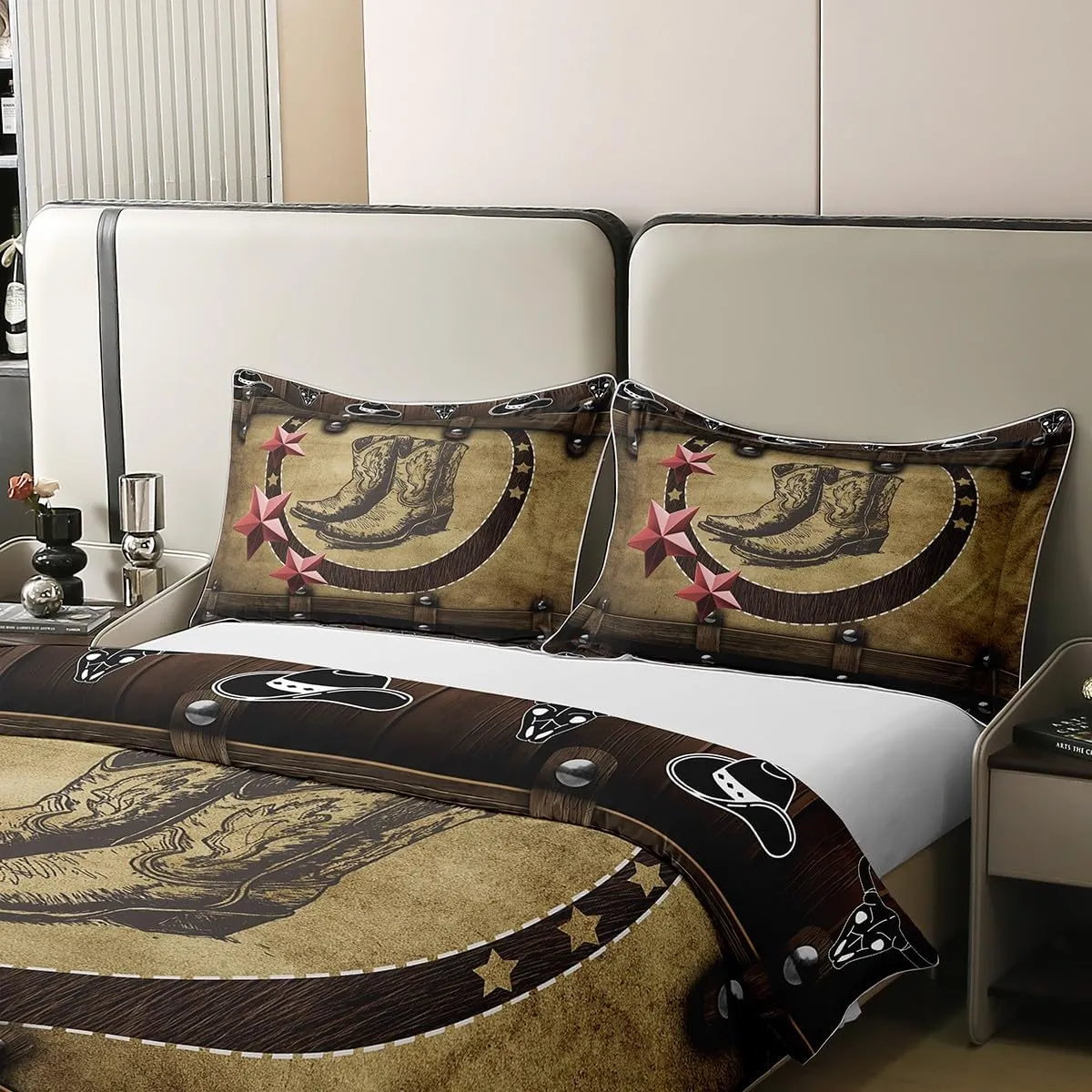 Erosebridal Cowgirl Boots Duvet Cover Queen 100% Cotton,Western Cowboy Hat Comforter Cover for Boys Kids Teens Rustic Farmhouse,Country Woodland Stars Room Decor,Brown,Soft Breathable