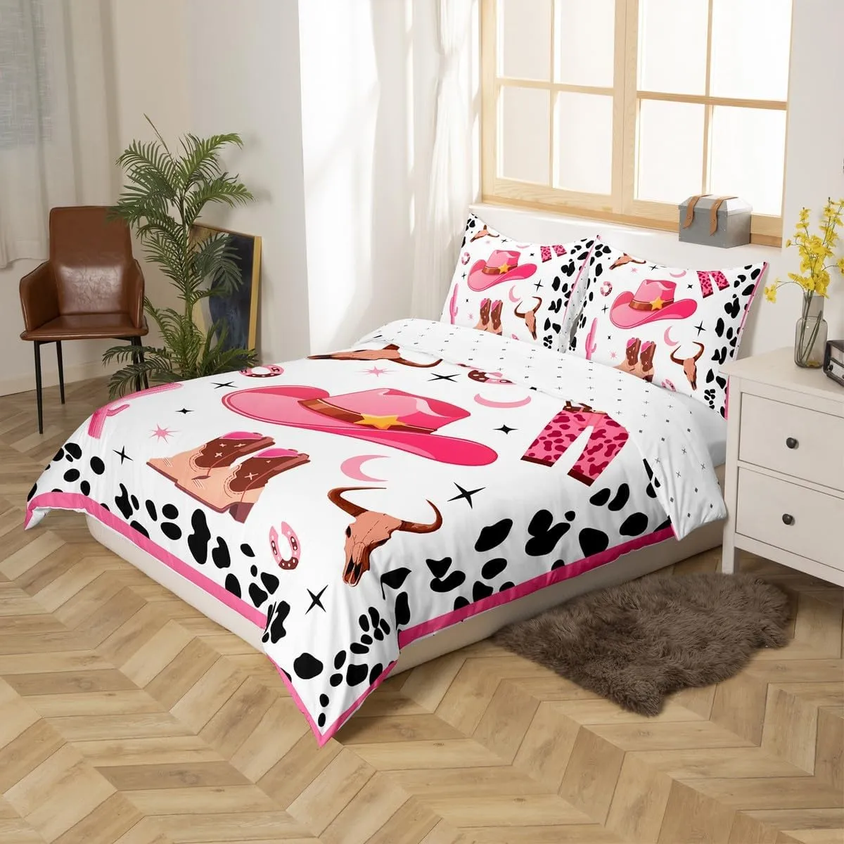 Erosebridal Cowgirl Duvet Cover Twin for Kids Boys Girls,Cowgirl Hat Boots Bedding Set Bedroom Ddecor,Farmhouse Bull Skull Bed Set,Milk Cow Pattern Quilt Cover with 1 Pillowcase for Bedroom