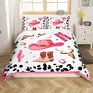 Erosebridal Cowgirl Duvet Cover Twin for Kids Boys Girls,Cowgirl Hat Boots Bedding Set Bedroom Ddecor,Farmhouse Bull Skull Bed Set,Milk Cow Pattern Quilt Cover with 1 Pillowcase for Bedroom